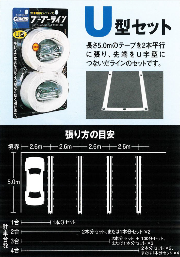 駐車場ラインテープ ブーブーラインU型 BBL3-U2 3cm幅 （2巻セット） Glaken コンクリート用 - 1