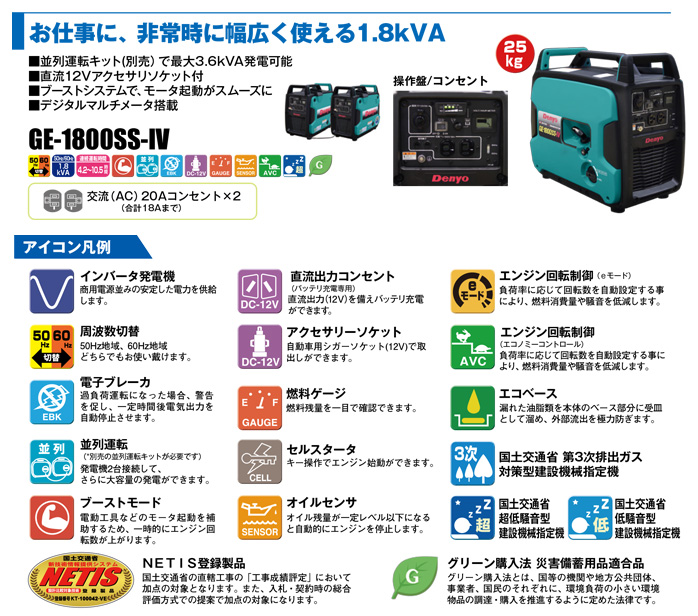 デンヨー】小型ガソリンインバータ発電機 [GE-1800SS-IV]なら発電機